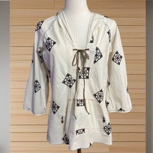 Embroidered Hooded Tunic Top 100% Cotton Sz M Natural Fibers Resort